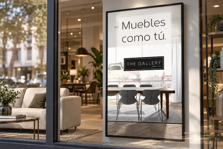 The Gallery · díptico «Muebles como tú»: cartel en escaparate