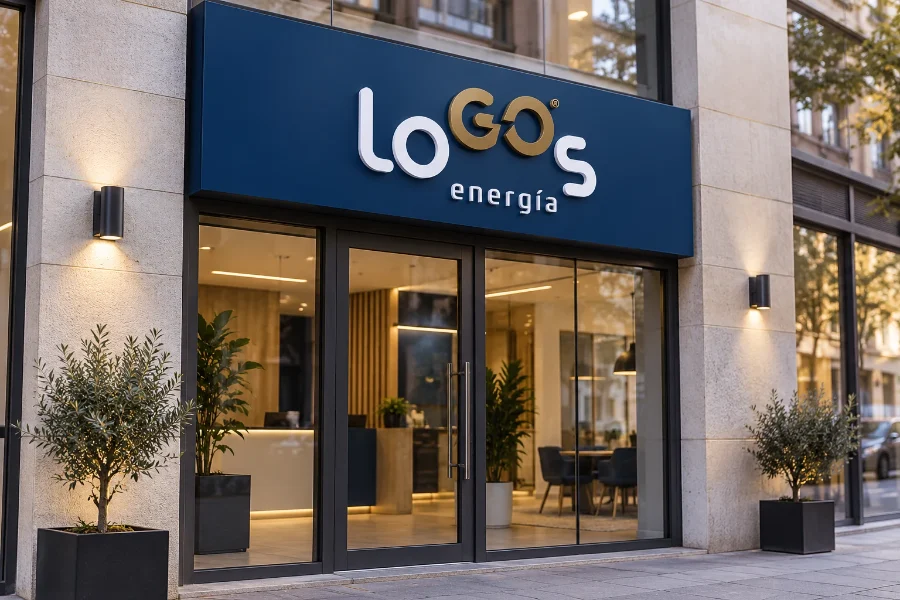 LoGOs Energía · branding, web y campañas 2021: rótulo de la oficina