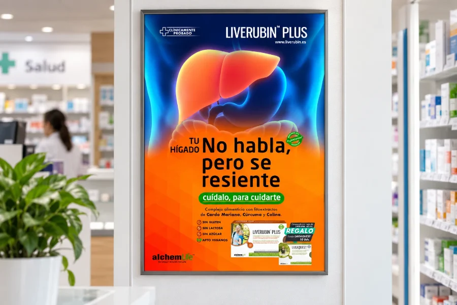 Alchemlife · campaña Liverubin Plus: cartel en la farmacia