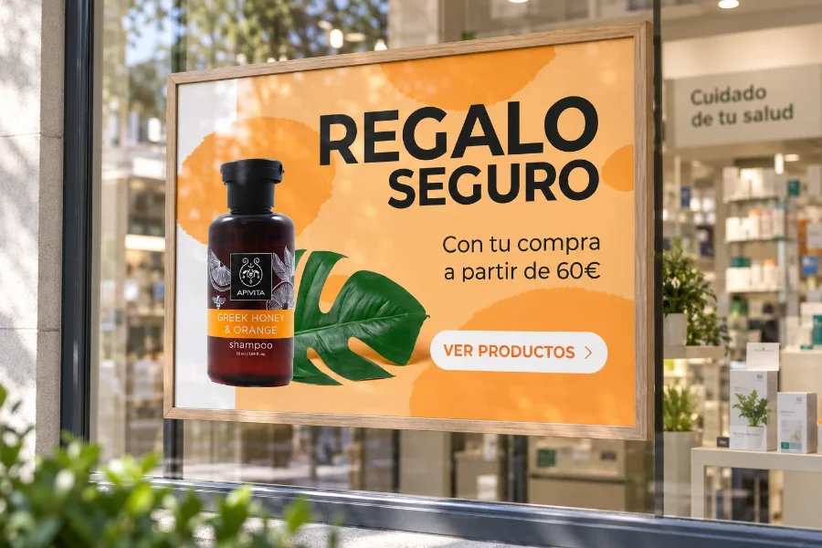 Proserpharma · campaña «Regalo seguro»: cartel en escaparate