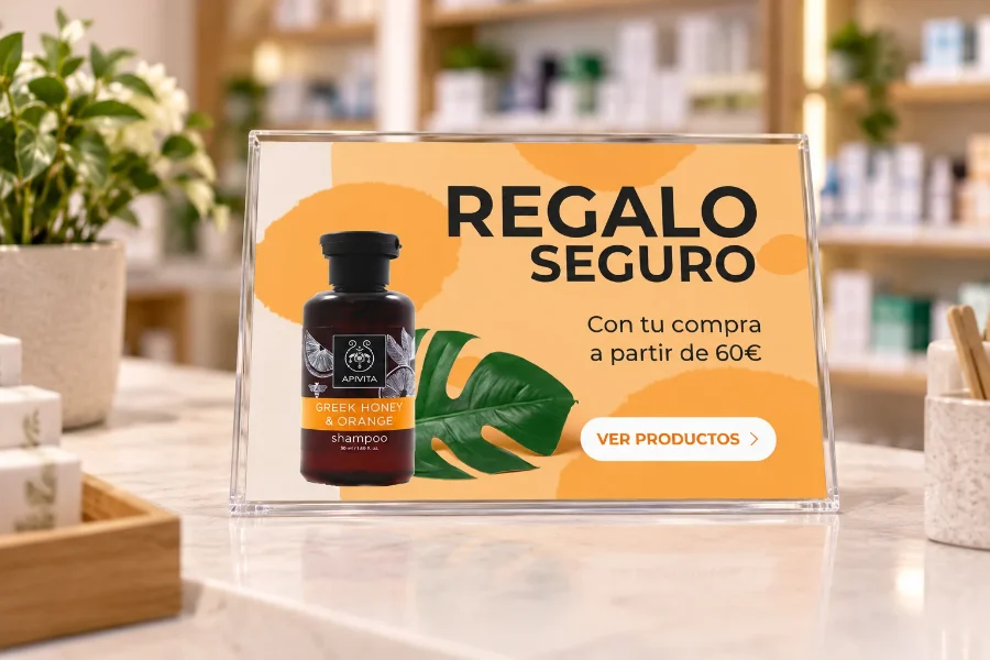 Proserpharma · campaña «Regalo seguro»: expositor de mostrador