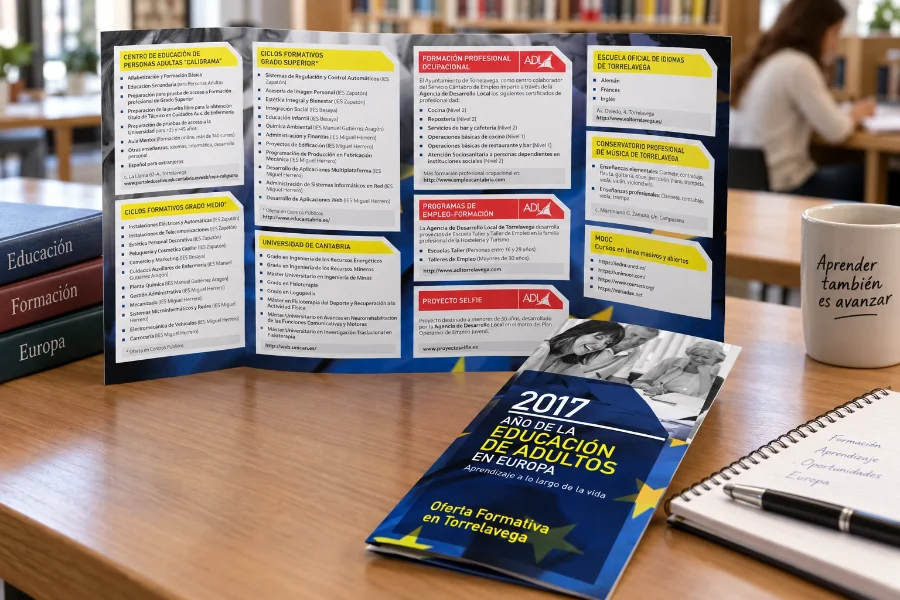 ADL Torrelavega · folleto de educación de adultos: cuadríptico abierto