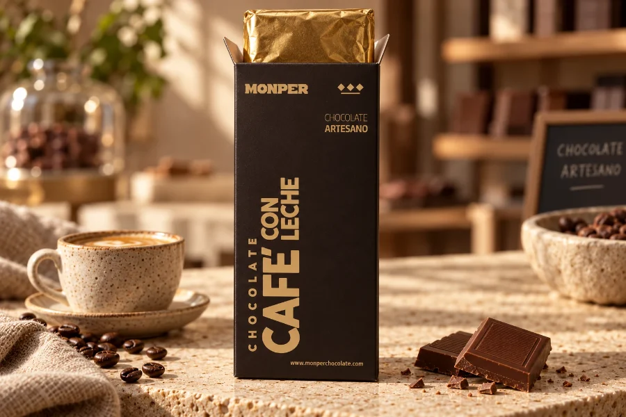 Monper · envases de chocolate: detalle de la apertura