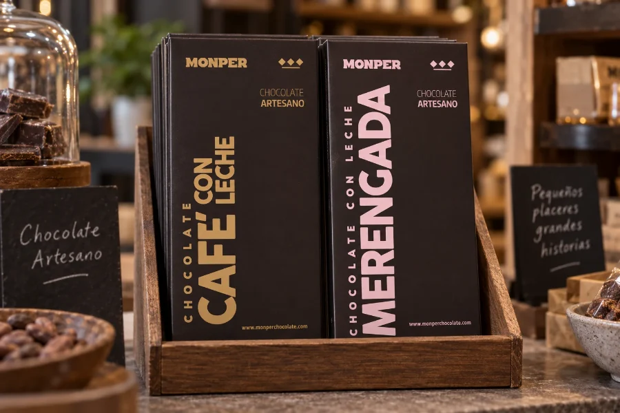 Monper · envases de chocolate: expositor en la tienda