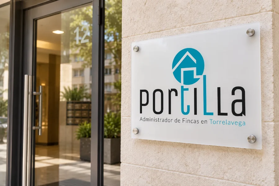 Portilla Administración de Fincas · identidad: placa del despacho