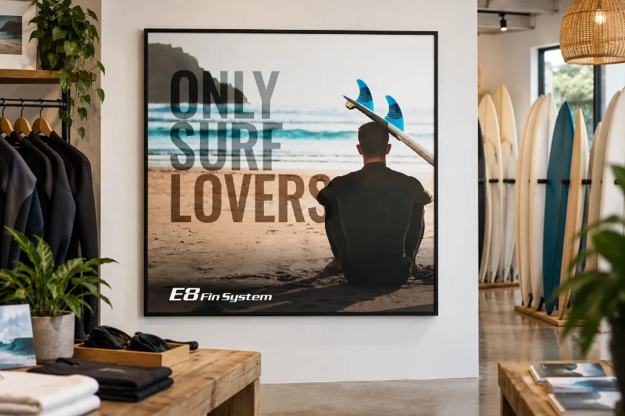 E8 Fin System · campaña «Only Surf Lovers»: cartel en la tienda