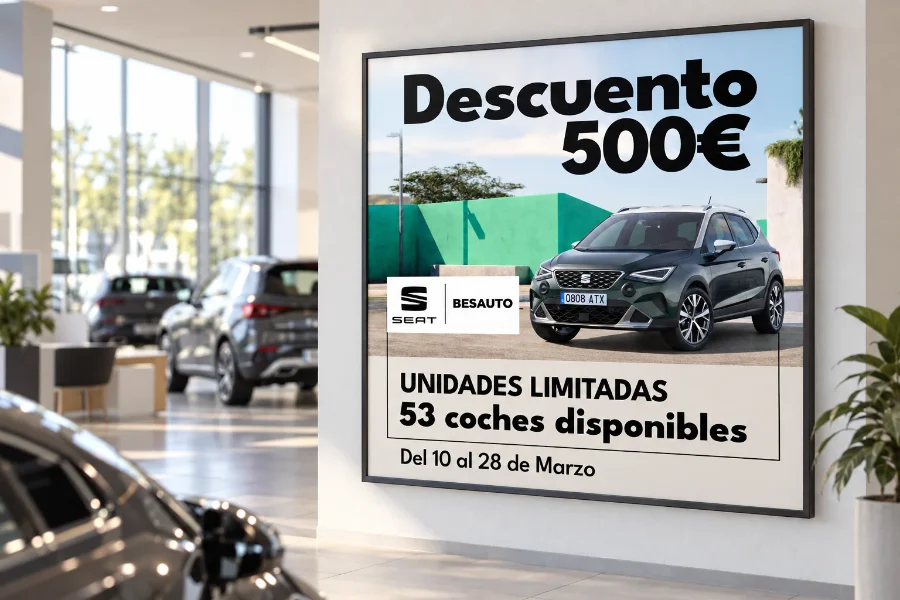 Besauto · promoción de 500 € de descuento: cartel en el concesionario