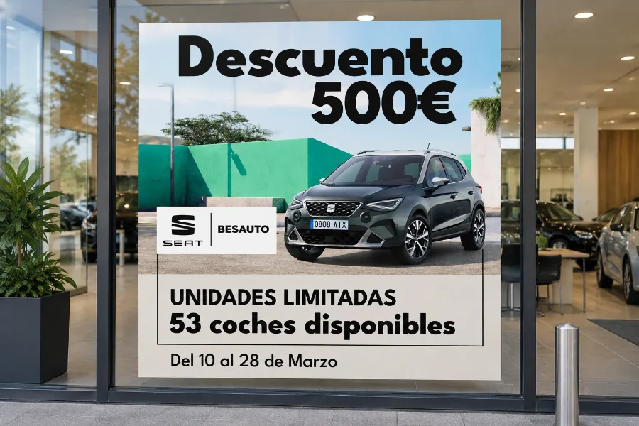 Besauto · promoción de 500 € de descuento: vinilo en escaparate