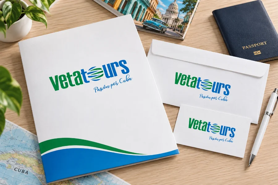 Vetatours · identidad: papelería de viajes