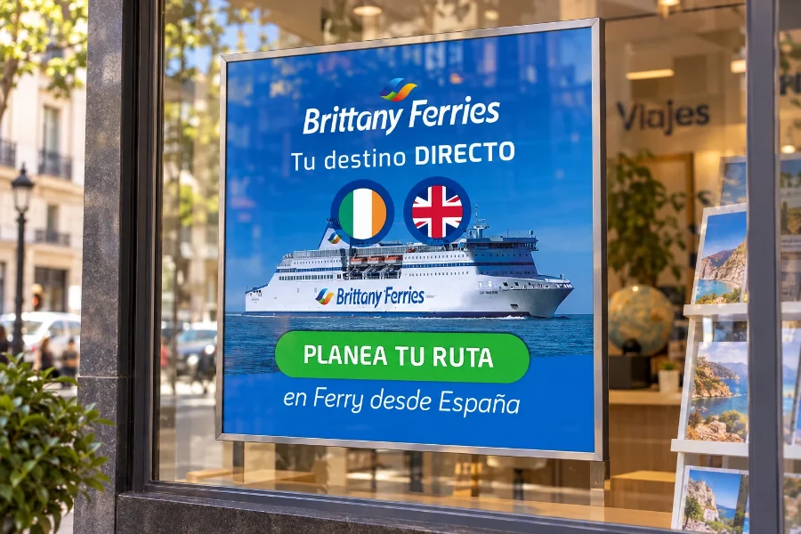 Brittany Ferries · campaña «Tu destino directo»: cartel en escaparate