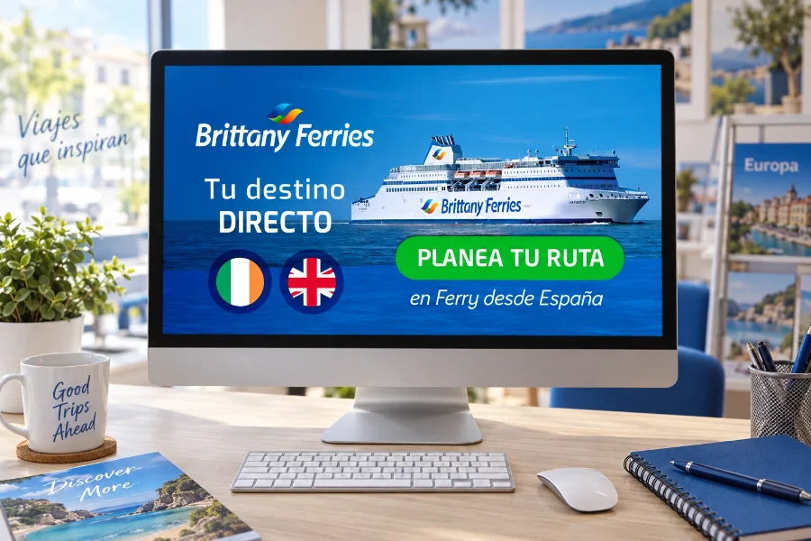 Brittany Ferries · campaña «Tu destino directo»: pantalla en la agencia
