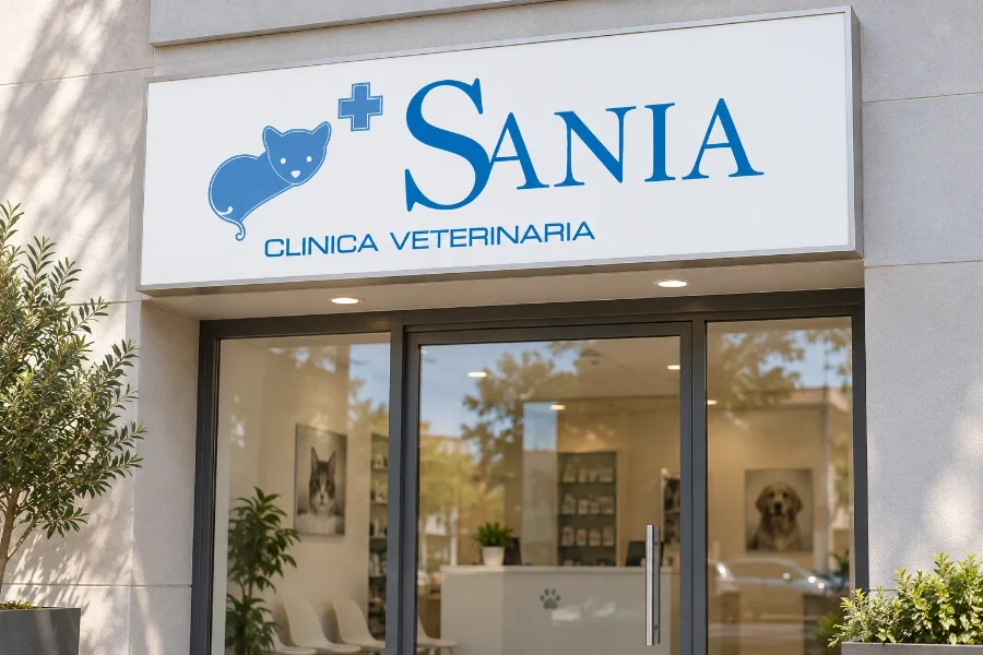 Sania Veterinaria · identidad: rótulo de fachada