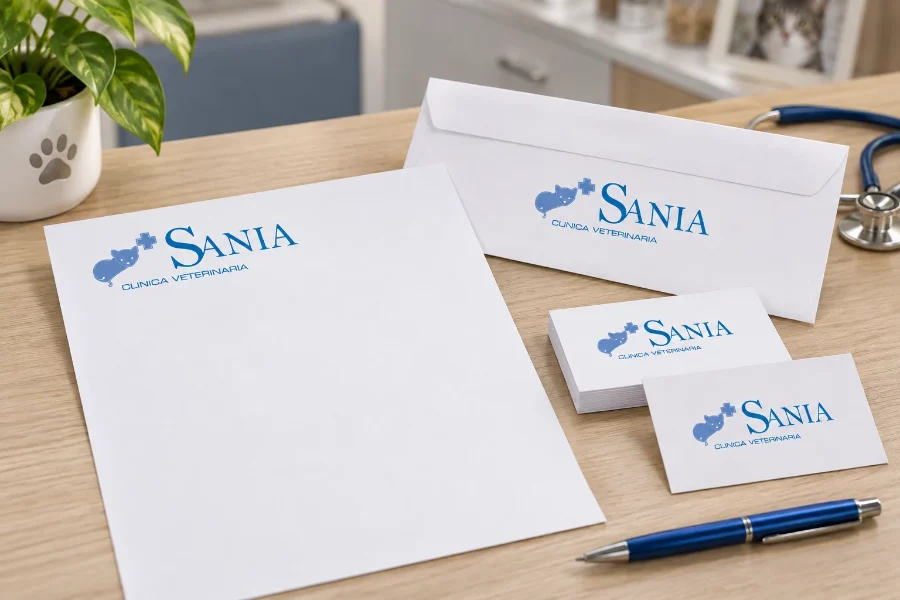 Sania Veterinaria · identidad: papelería de la clínica