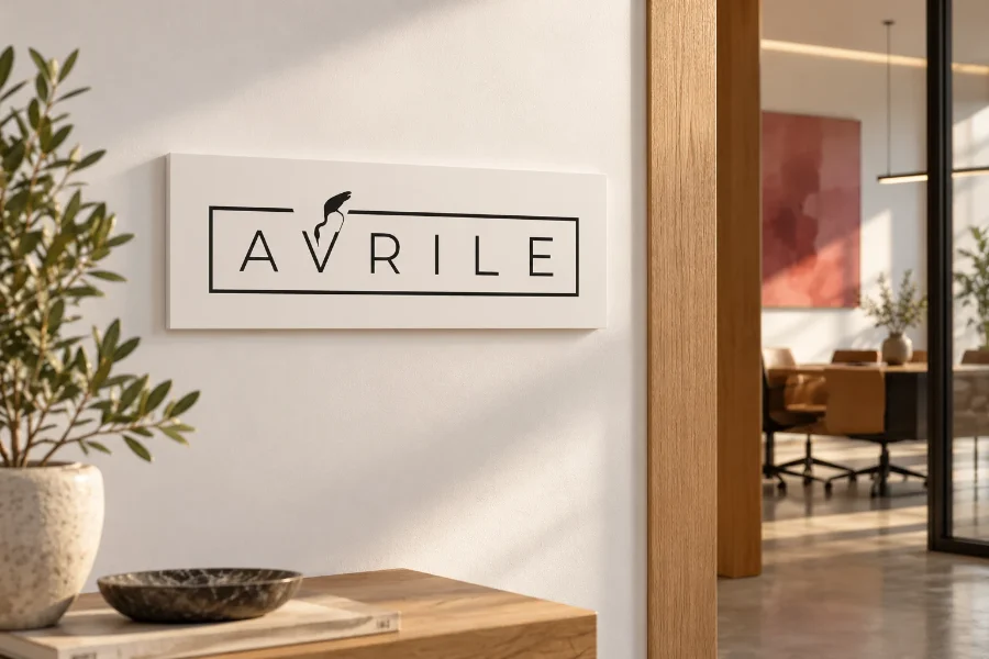 Avrile · identidad: placa de marca