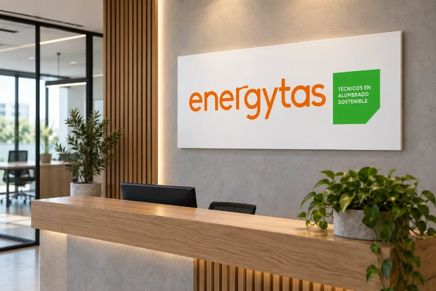 Energytas · identidad: placa de la oficina