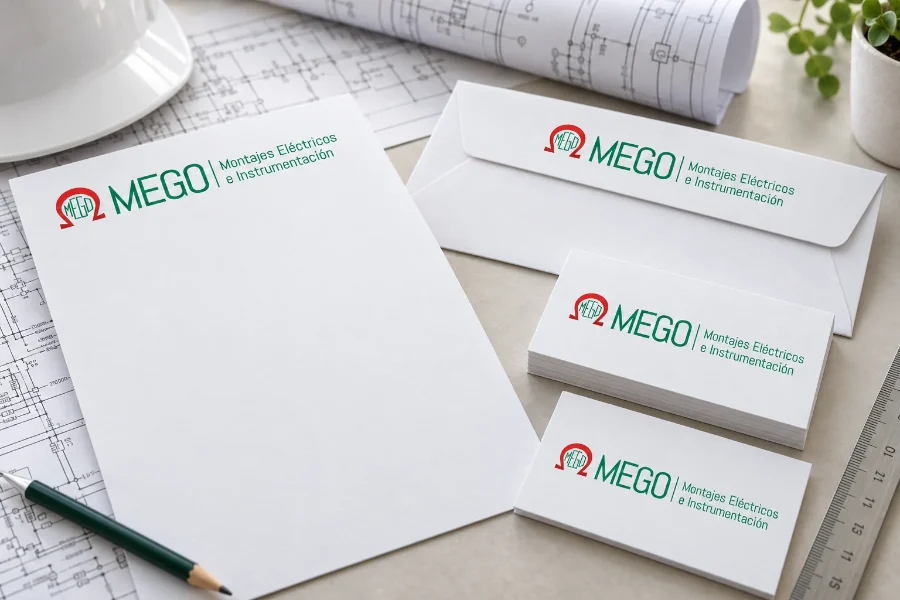MEGO · identidad: papelería