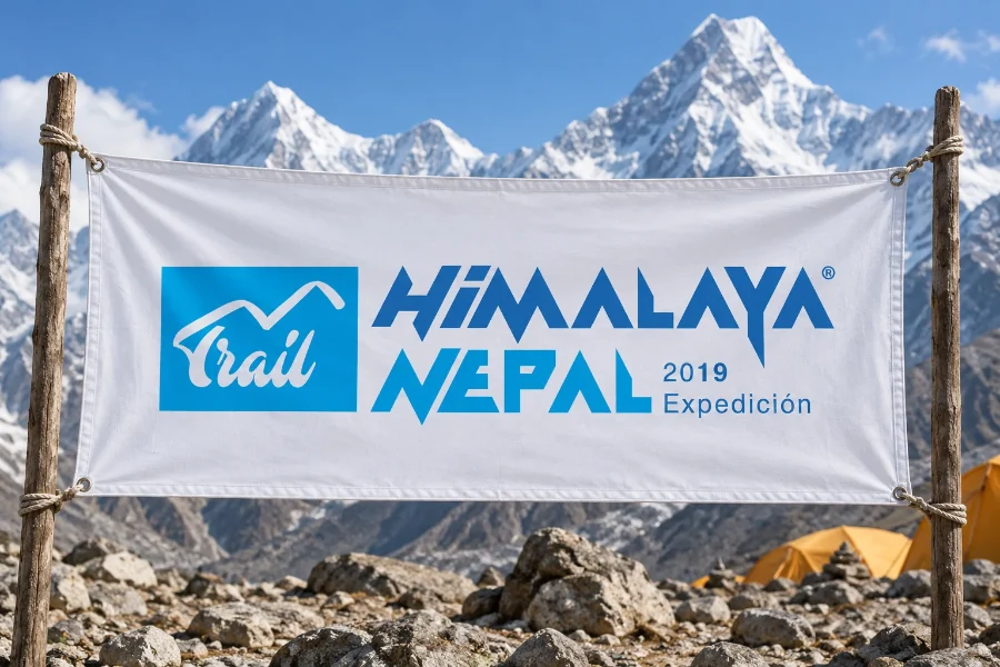 Trail Himalaya Nepal · expedición 2019: bandera del campamento base