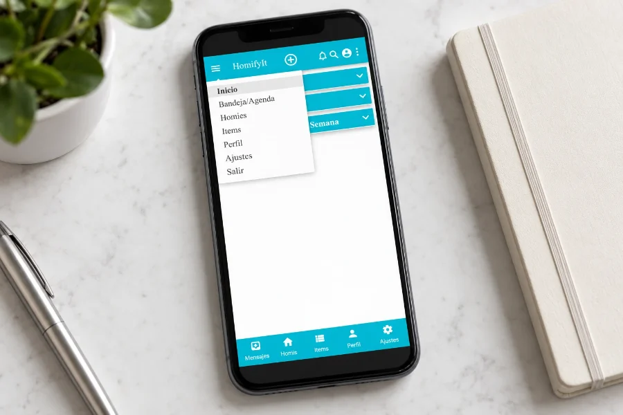 HomifyIT · prototipo de la aplicación: menú