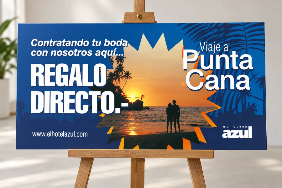 Hotel Azul · señalética y feria de novios: folleto en panel