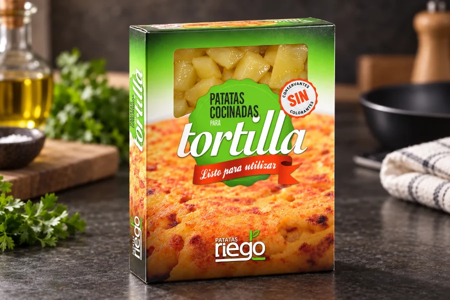 Patatas Riego · envase de patatas para tortilla: caja en escaparate