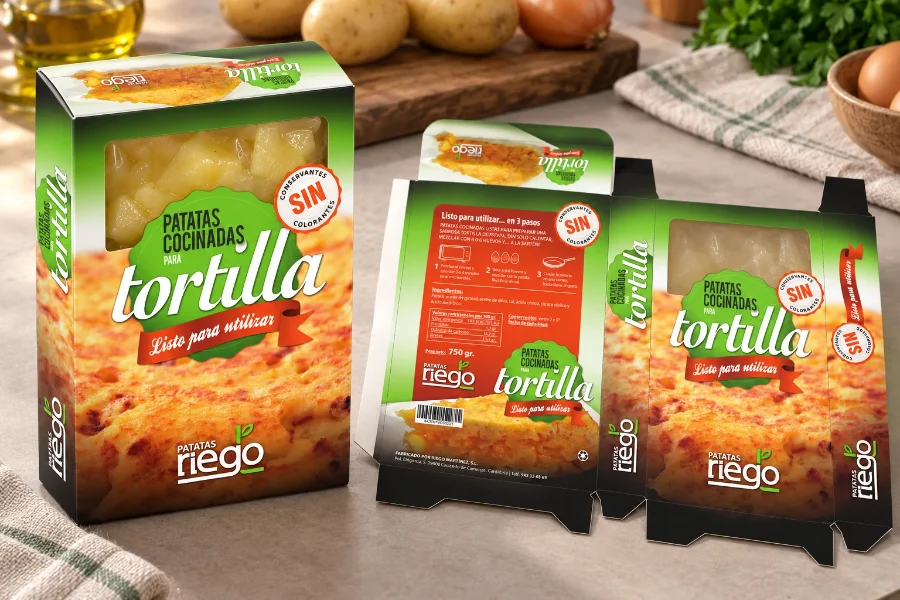 Patatas Riego · envase de patatas para tortilla: caja impresa