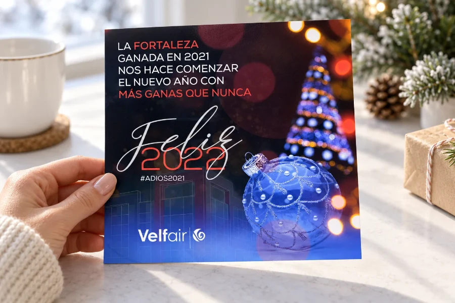 Velfair · felicitaciones de Navidad 2019-2021: felicitación en mano