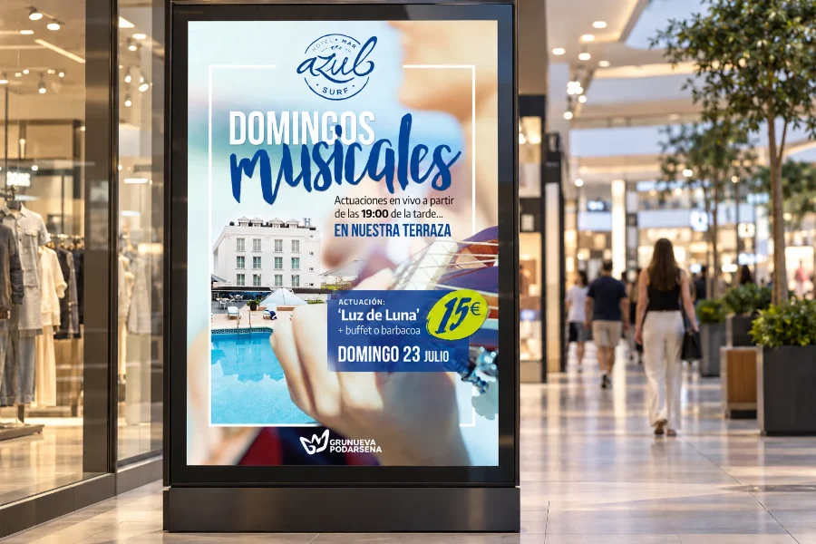 Hotel Mar Azul · Domingos musicales y restauración 2017: cartel en panel