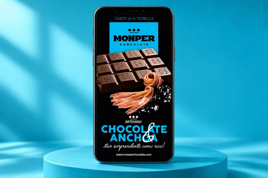 Monper · campaña chocolate y anchoa 2017: cartel en el móvil