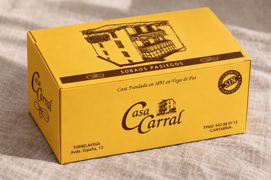 Casa Carral · packaging de sobaos, pastas y quesada: caja en panel (2 de 3)