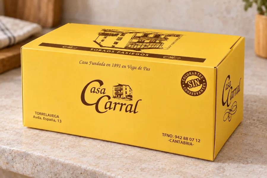 Casa Carral · packaging de sobaos, pastas y quesada: caja en panel (3 de 3)