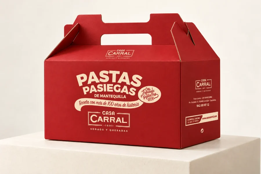 Casa Carral · packaging de sobaos, pastas y quesada: caja en mano (2 de 3)
