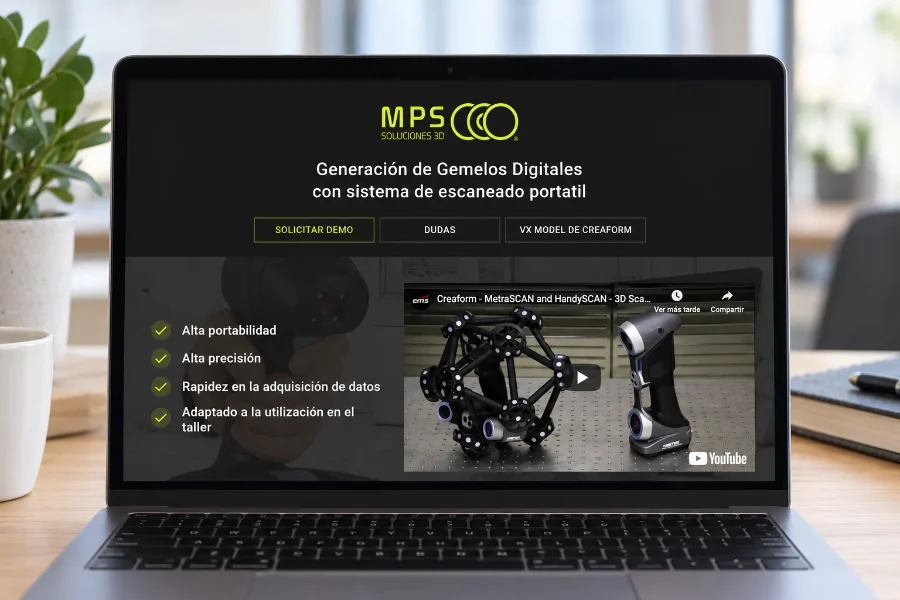 MPS Soluciones 3D · página de gemelos digitales: web en el portátil