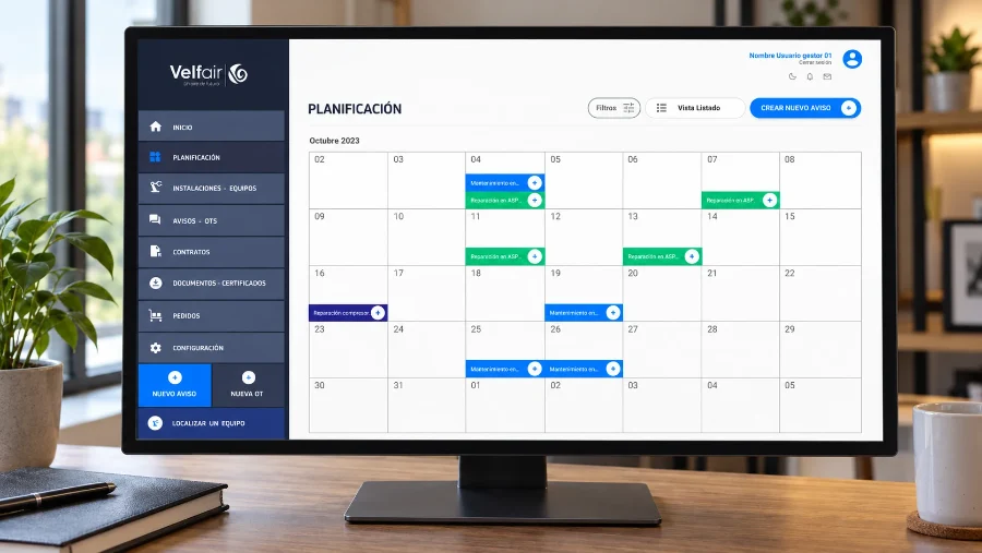 Velfair · aplicación de compresores: calendario en pantalla