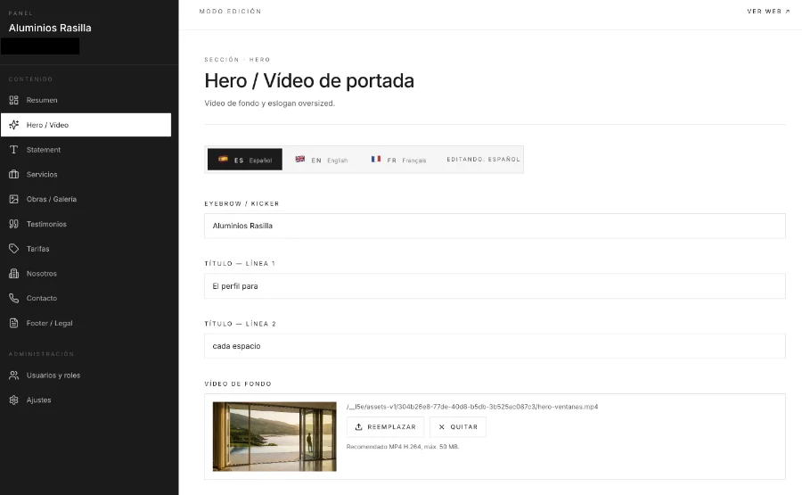 Aluminios Rasilla · panel de gestión: portada de la web