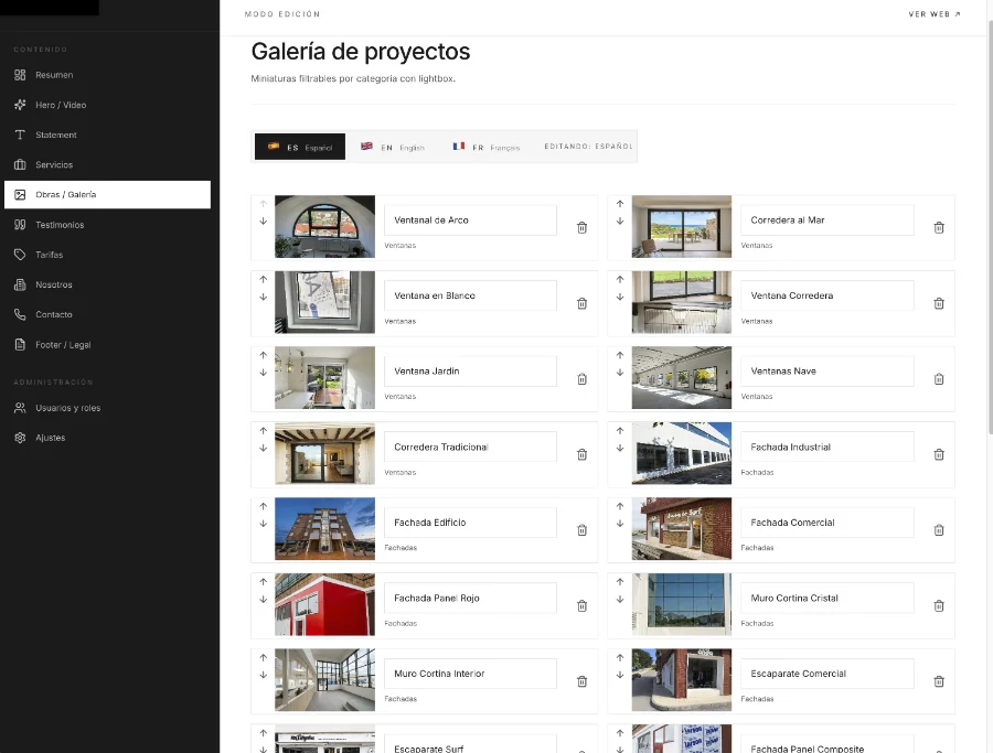 Aluminios Rasilla · panel de gestión: galería de proyectos