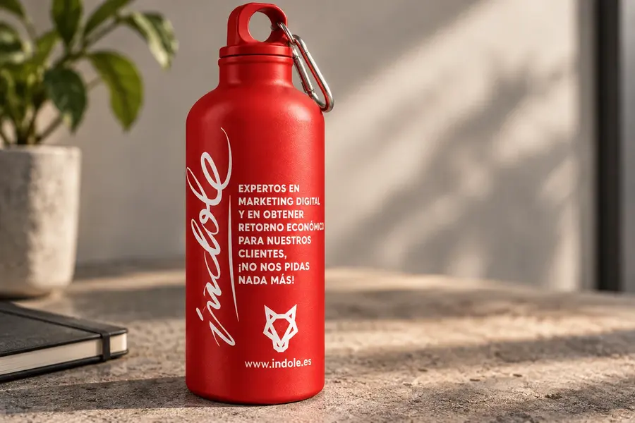 Índole · botella de aluminio: Detalle de serigrafía