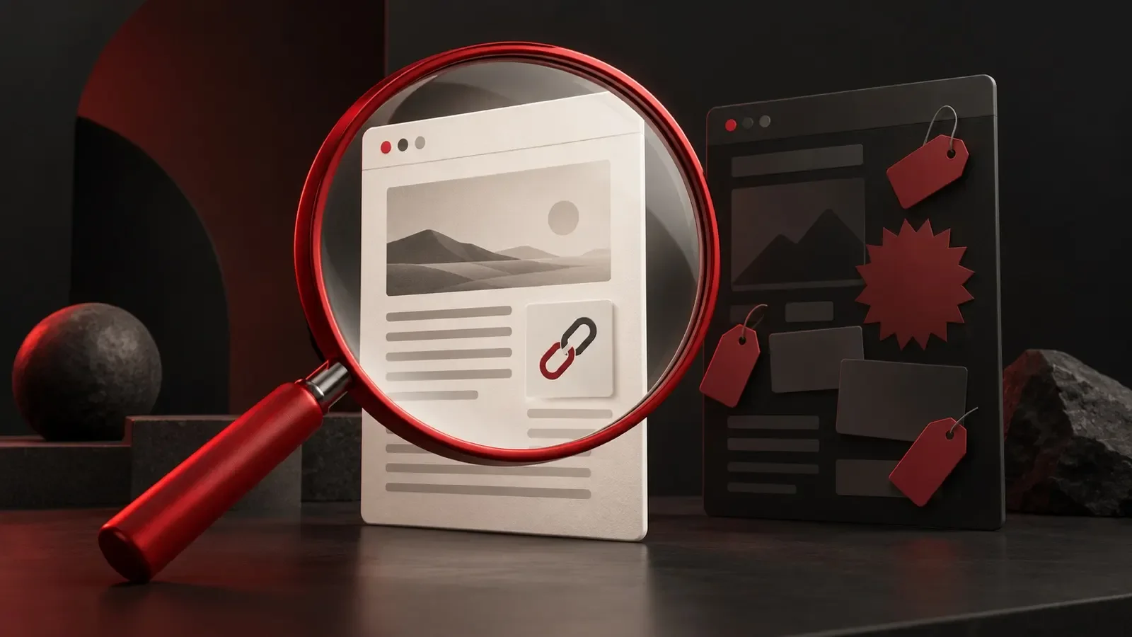 Una lupa roja sobre una página web, junto a otra página llena de etiquetas de oferta.