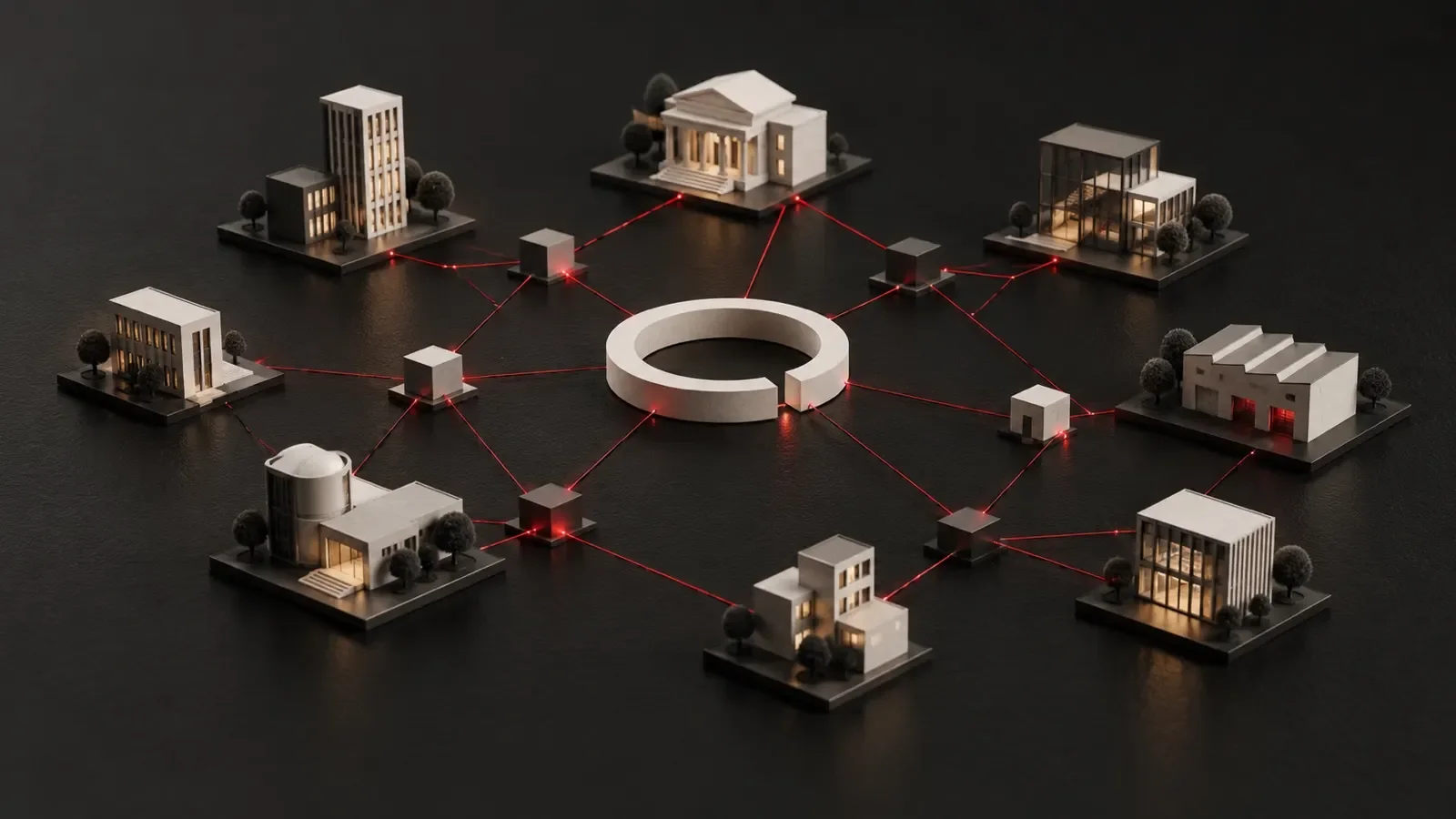 Maqueta de edificios conectados por líneas rojas alrededor de un anillo central.