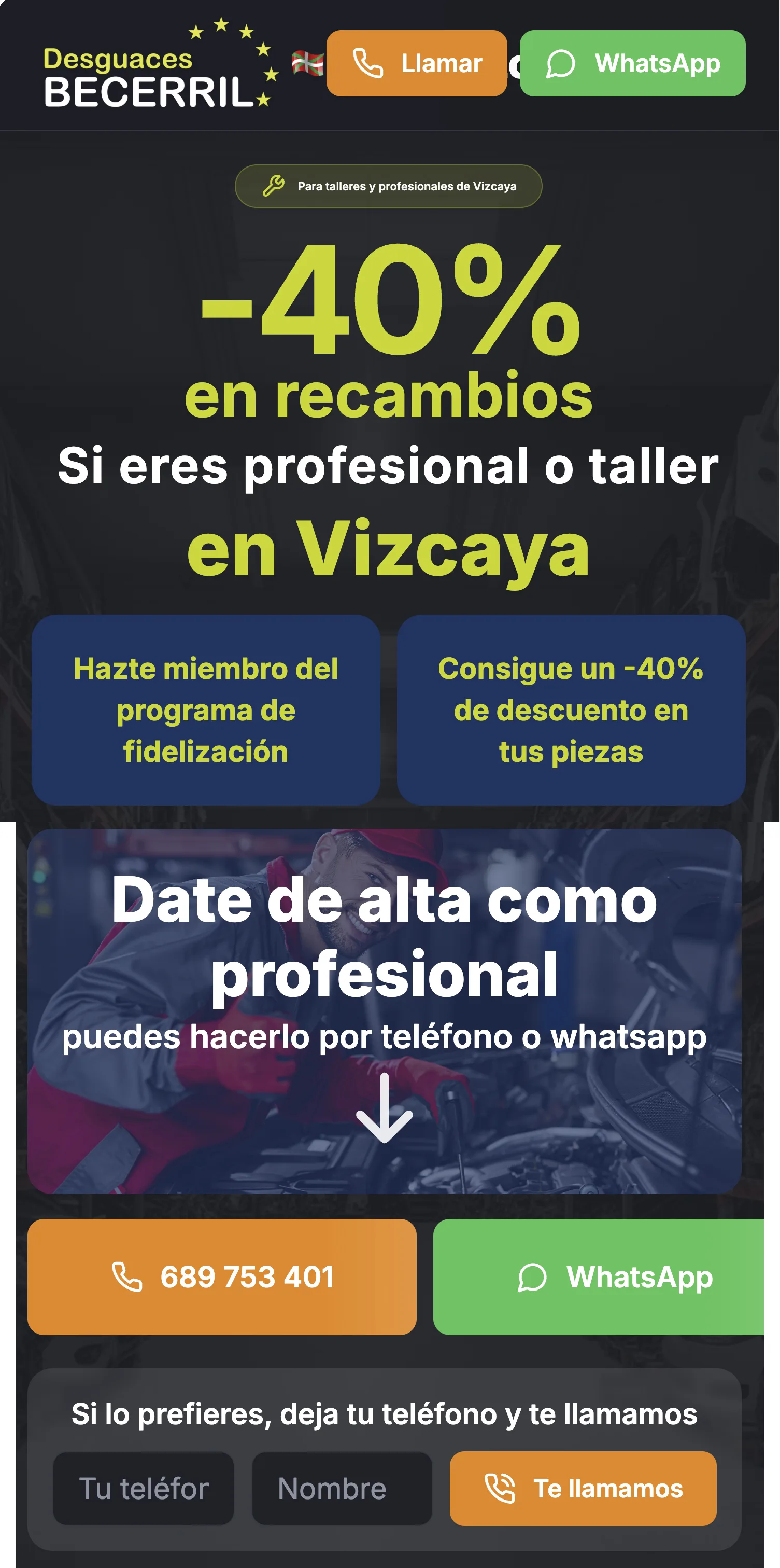 Desguaces Becerril: la página de alta se diseñó para el móvil, que es donde el mecánico ve la campaña