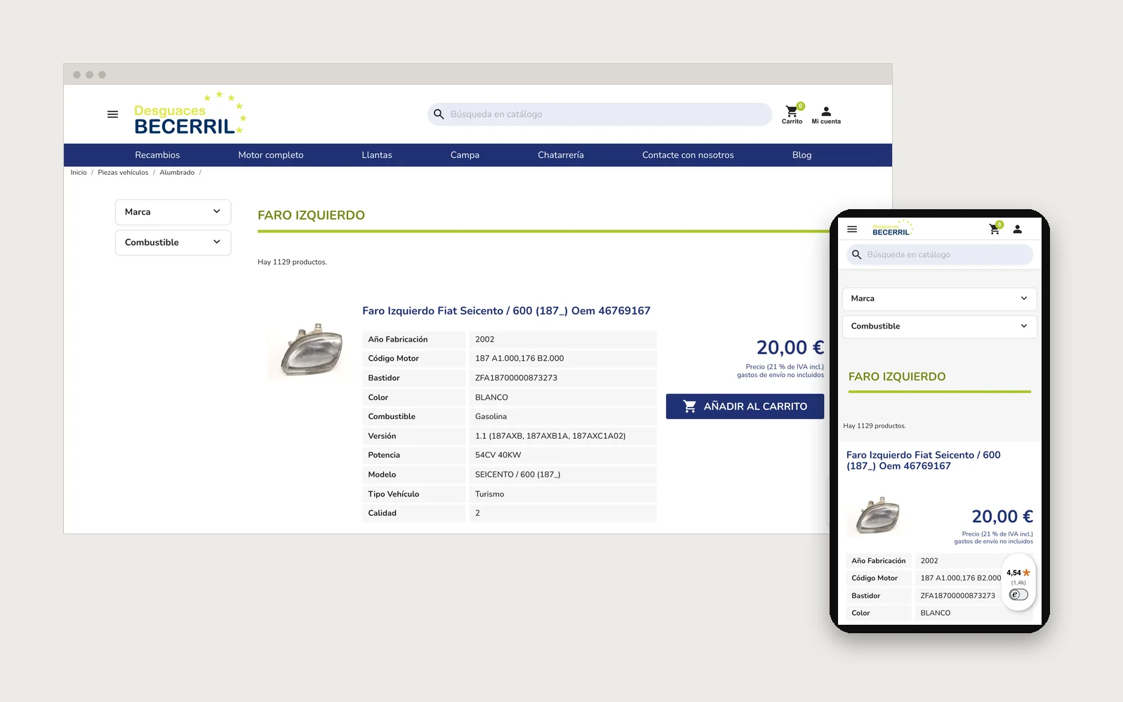 La tienda online de Desguaces Becerril en escritorio y en móvil: listado de faros con año, código de motor, bastidor y referencia OEM