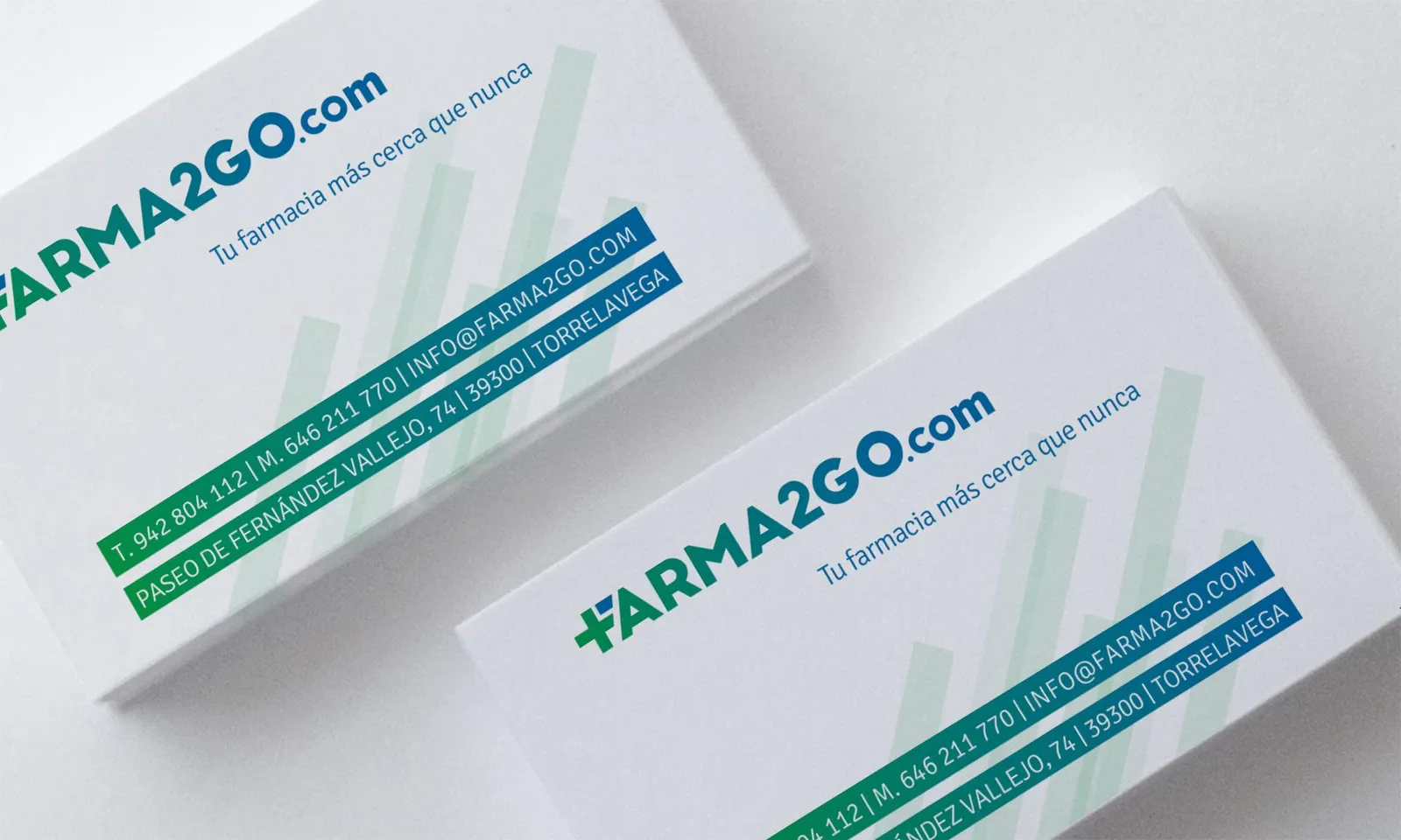 Tarjetas de visita de Farma2Go con el lema «Tu farmacia más cerca que nunca»