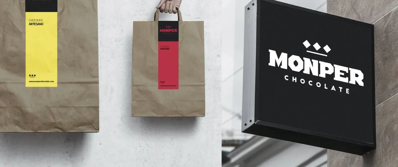 Monper Chocolate: bolsa y rótulo con la marca