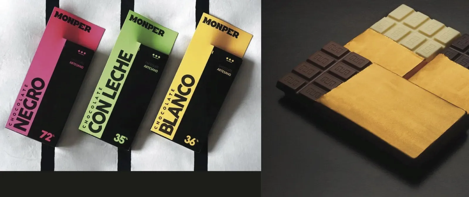 Tabletas de Monper Chocolate con su packaging por colores