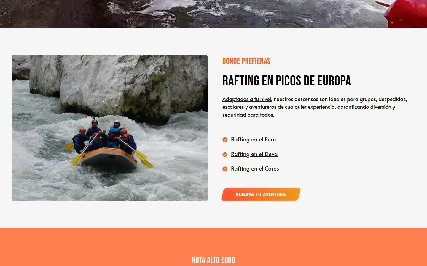 Una sección de la web de Rafting en Cantabria