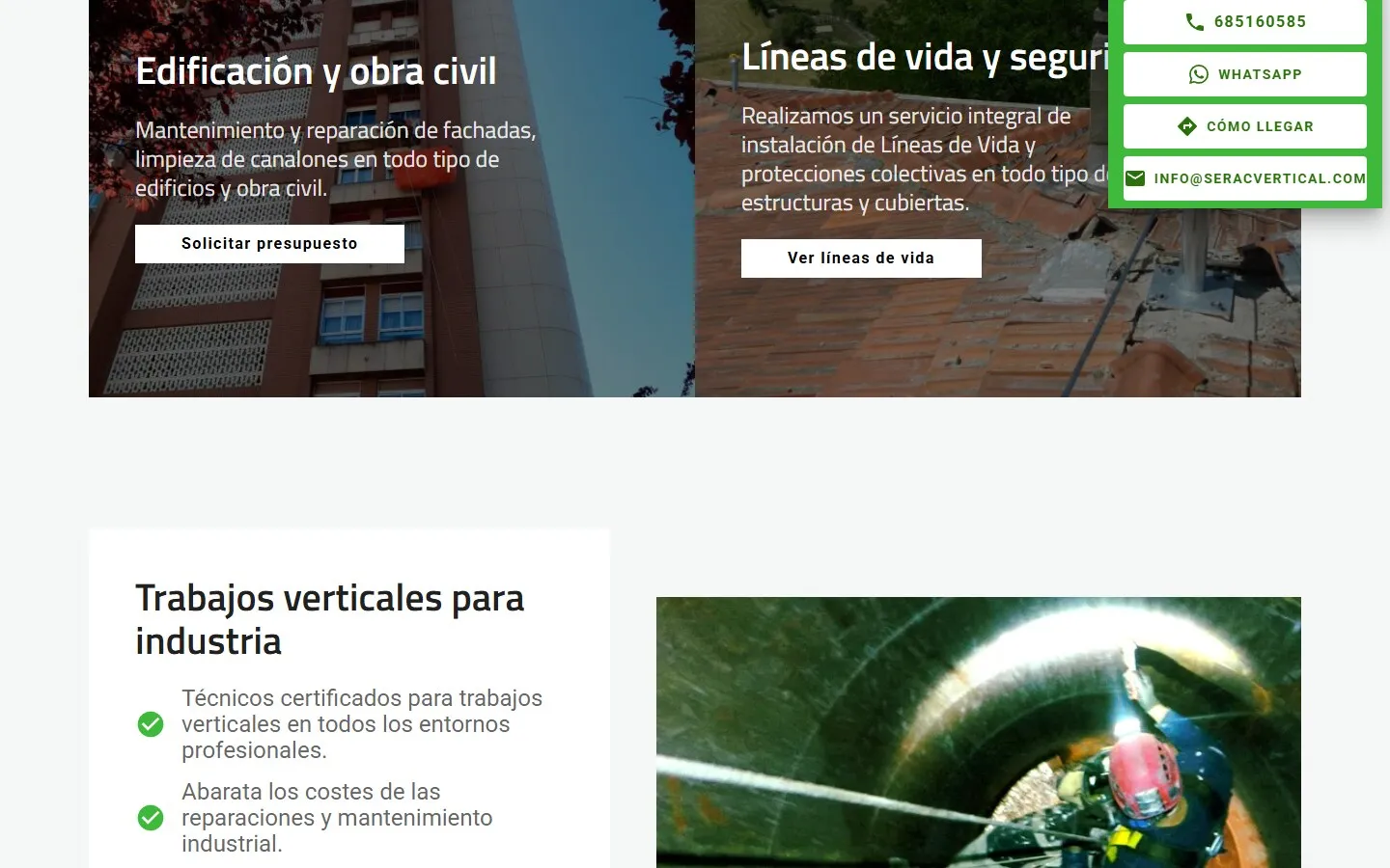 Una sección de la web de SERAC · Trabajos Verticales Cantabria